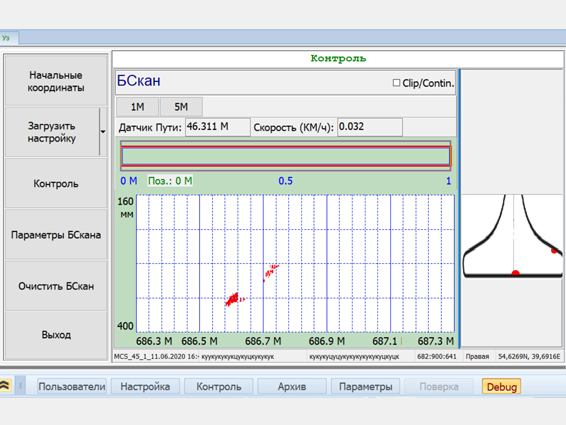 Scan - В This scan includes all reflectors (defects) located in base flange both: left and right sides;  web-to-base projection as well as pockets of corrosion on the base flange surface.